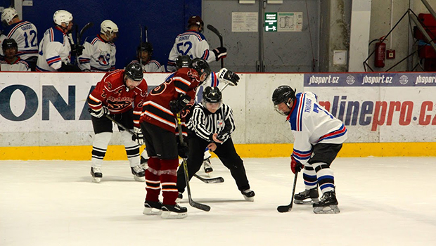 BIDMC patient Simon Thomas, far right, competing in a 2018 European hockey tournament